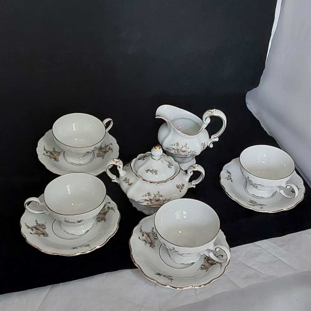 Johann HAVILAND BAVARIA GERMANY SEPIA ROSE TEA SET FOR 4
